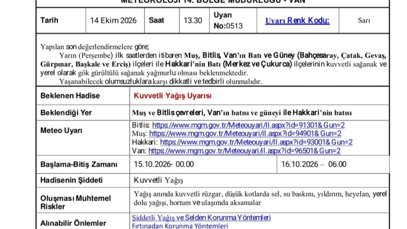 Hakkari Valiliği'nden Kuvvetli Yağış Uyarısı: Sel ve Heyelan Riski
