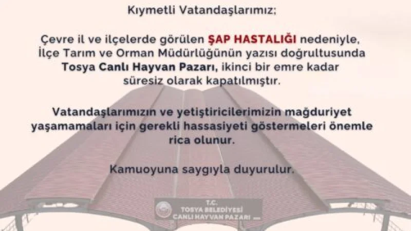 Tosya'da Şap Hastalığı Tedbiri: Canlı Hayvan Pazarı Kapatıldı