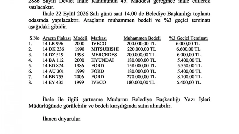 Mudurnu Belediyesi Mülkiyetindeki Araçları İhaleyle Satışa Çıkarıyor