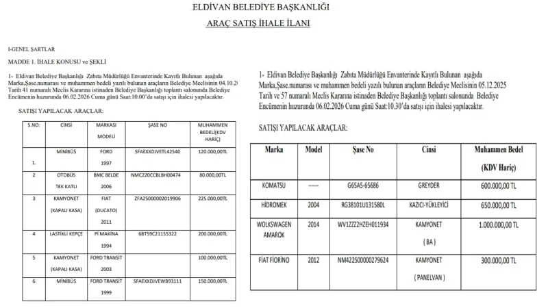 Eldivan Belediyesi envanterindeki araçları satışa çıkarıyor