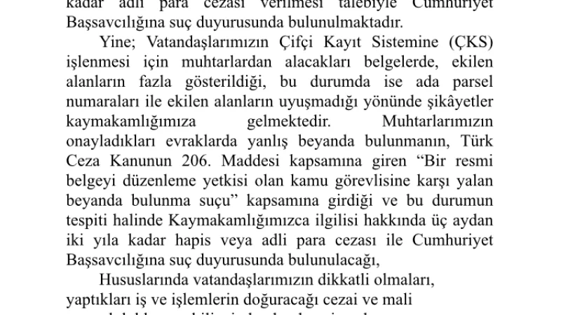 Suşehri Kaymakamlığı'ndan İzinsiz Tarım Ekimi ve Yanlış Beyan Uyarısı