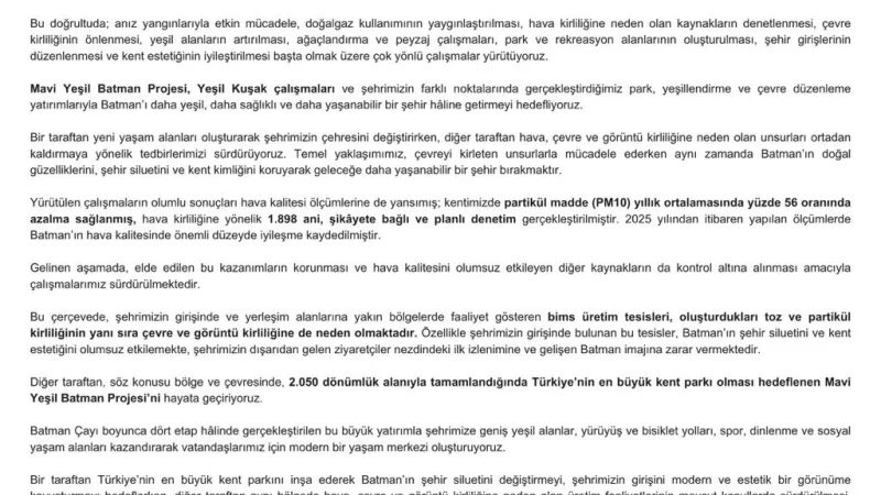 Batman'da Hava Kalitesi Çalışmaları ve Bims Üretim Tesisleri Açıklaması
