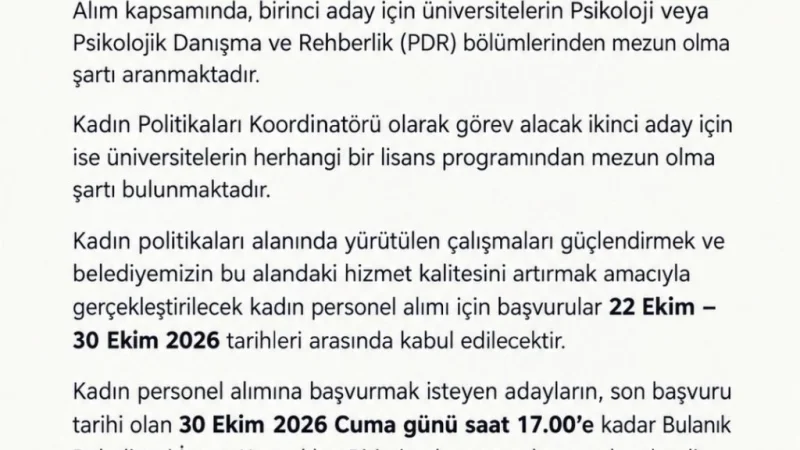 Bulanık Belediyesi Kadın Politikaları Müdürlüğü İçin Personel Alımı Yapacak