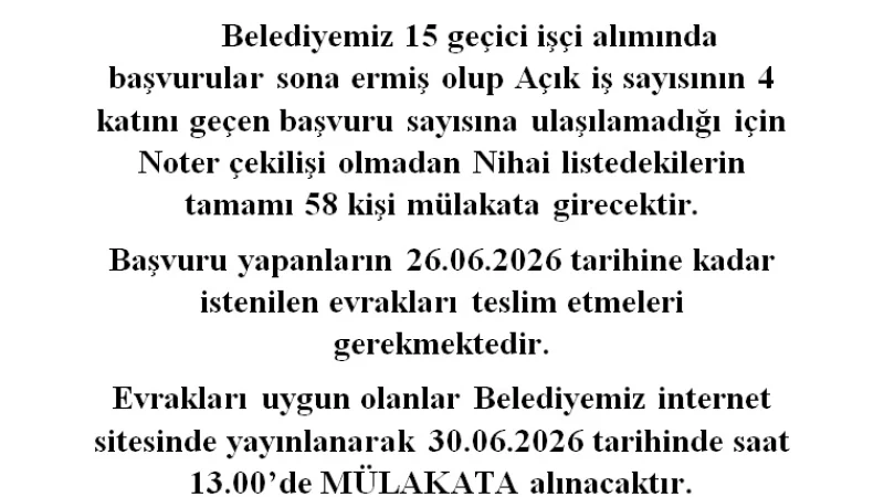 Ekinözü Belediyesi Geçici İşçi Alımı Mülakat Takvimi ve Evrak Teslim Süresi Açıklandı