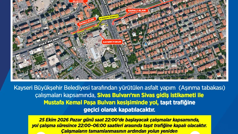 Kayseri'de Sivas Bulvarı Asfalt Çalışması Nedeniyle Geçici Trafiğe Kapatılacak