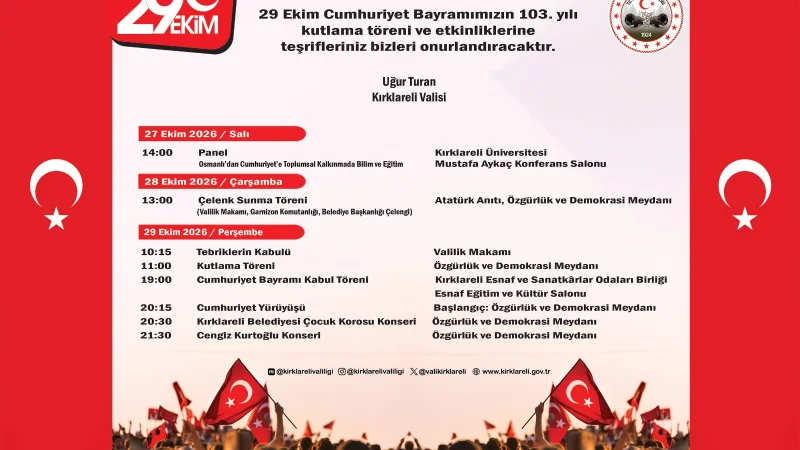 Kırklareli'de Cumhuriyet Bayramı Coşkusu: 103. Yıl Kutlamalarına Davet