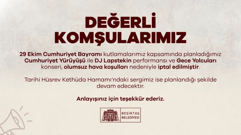 Beşiktaş'ta Olumsuz Hava Koşulları Nedeniyle Cumhuriyet Yürüyüşü ve Konser İptal Edildi